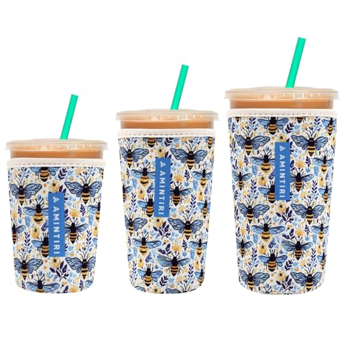 Image of 3 Pack Reusable Sleeve for Iced Coffee Cup, Coffee Neoprene Sleeve for Iced&Hot Drinks, Coffee Sleeve Compatible with Starbucks, Dunkin Coffee Cup. (Bee World)