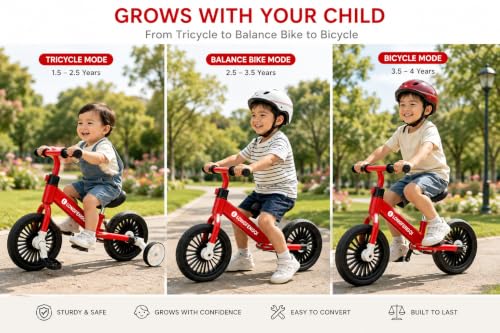 Image of MUMMAMIA 3 in 1 Kids Tricycle, Converts to Balance Bike, 10 Inch Toddler Tricycle, & Bicycle;18 Months to 4 Years - White