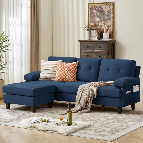 Chireca 84" L‑Shaped Sectional Sofa with Storage Ottoman, 3-Seat Cloud Couch, Convertible Sofa Bed, Modular Sectional Couch for Living/Bedroom, Corduroy Couch with Side Pocket, No Tool Assembly, Blue