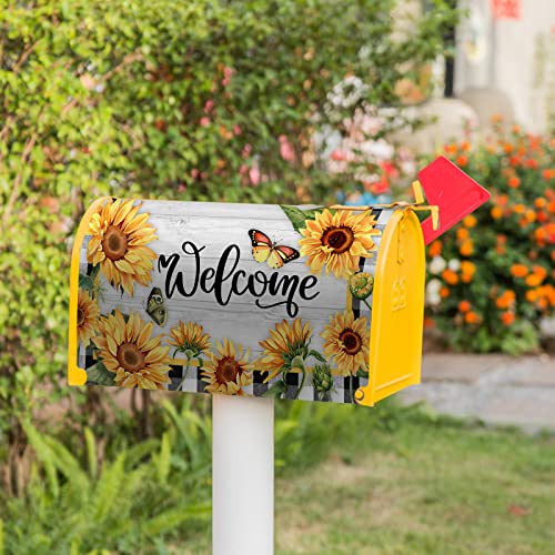 Auirre Summer Fall Welcome Mailbox Cover Magnetic Standard 21" X 18", Sunflower Butterfly Decorative Flower Buffalo Plaid Check Autumn Post Letter Box Wrap Farmhouse Rustic Decor For Garden Yard #TOP5
