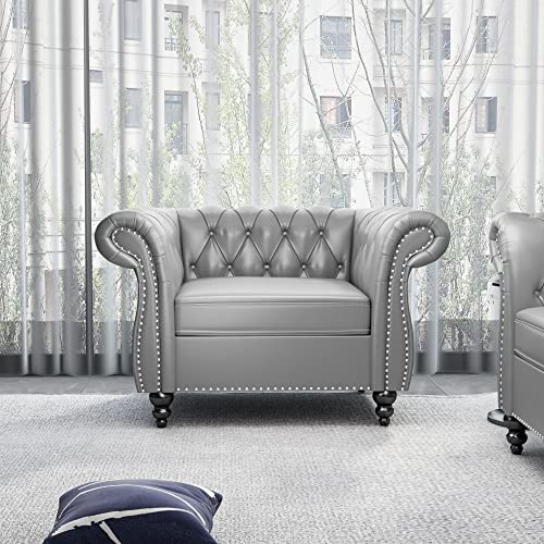 Image of ORRD Chesterfield Chair, Modern Leather Tufted Accent Sofa Couch Chair with Rolled Arms and Nailhead for Living Room, Bedroom, Office, Apartment (Grey)