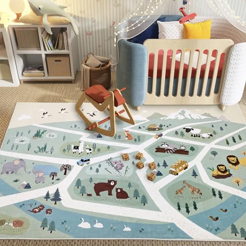Image of Lacomfy Kids Play Mat Zoo Animal Car Road Rug 6Ft Large Playroom Classroom Rug Adventure Area Rug for Boys Girls Children Educational Mat for Bedroom Nursery Decor, 4x6Ft, Green
