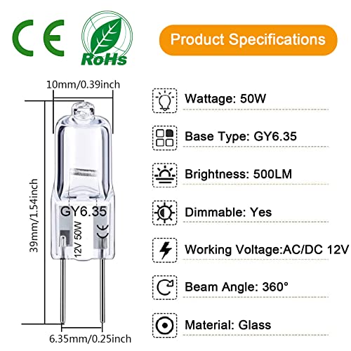 Lacnooe Gy6.35 Halogen Bulb 50W, 12 Pack Dimmable Gy6.35 Light Bulb Q50/Cl/Gy6/12V/T3/T4 Jc Type Gy6.35/G6.35 Bi-Pin Base Ac/Dc 12V Warm White 2700K Single Ended Capsule Light Bulbs #TOP1
