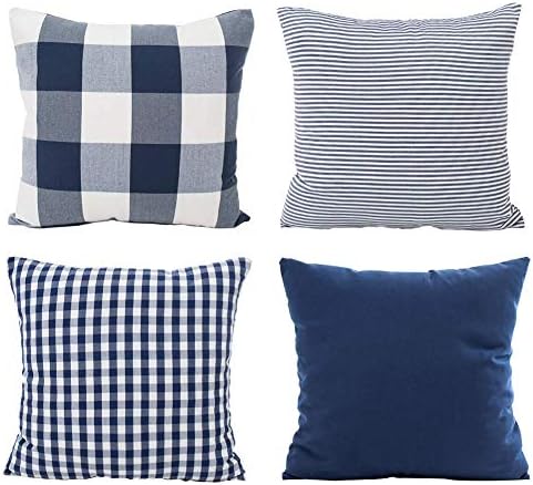 HOPLEE 24x24 Pillow Cover Navy Blue Decorative Pillow Cover with Buffalo Plaid, Solid Navy Blue, Tricking Stripe and Gingham Plaid Design 24x24 Inches Set of 4