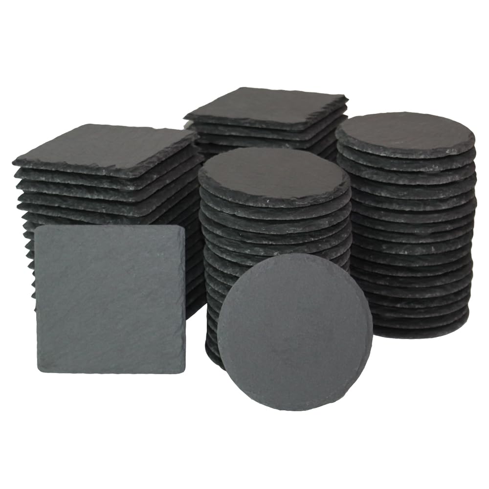 68 Pieces 4" Slate Drink Coasters,Black Coasters Stone Coaster Set,Laser Engraving Blanks for Home Office Kitchen Apartment Bar,34Pcs Square + 34 Pcs Round (68, 34 Square+34 Round)