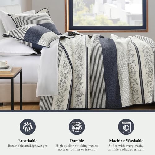 Colcha acolchada de algodón King con rayas y fundas para cama rústica 7