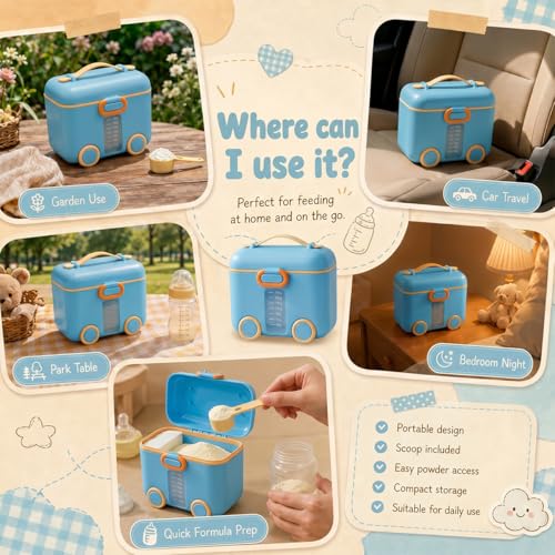 Image of StarAndDaisy Formula Milk Container for Baby Milk Powder Container with Scoop Holder, Portable Formula Dispense, Airtight First Feed Baby Food Storage Container /Box for Travel 200 Grams (Bus-Blue)