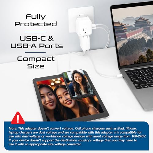 Image of Ceptics China, Malaysia Power Adapter Travel Set, 20W PD & QC, Safe Dual USB & USB-C 3.1A-2 USA Outlet - Compact-Use in Hong Kong, Kuwait, Singapore, Iraq - Includes Type G, I, C SWadAPt Attachments