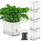 Planterhoma Self Watering Plant Pots for Indoor Plants 7 inch, 4 Packs Rectangle Self-Watering Planters with Drainage Hole, White African Violet Pots for Devil's Ivy, Spider Plant, Orchid, Herb