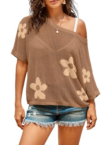 Image of Dokotoo Womens Floral Fashion Summer Tops 2026 Short Sleeve Crochet Sweaters Swimsuit Cover Ups Lightweight Knit Pullover