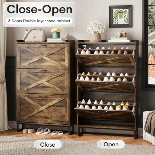 Image of Maupvit Shoe Storage Cabinet with 3 Flip Drawers, Freestanding Organizer with Metal Legs for Entryway, Narrow Shoe Rack Cabinet, Rustic Brown