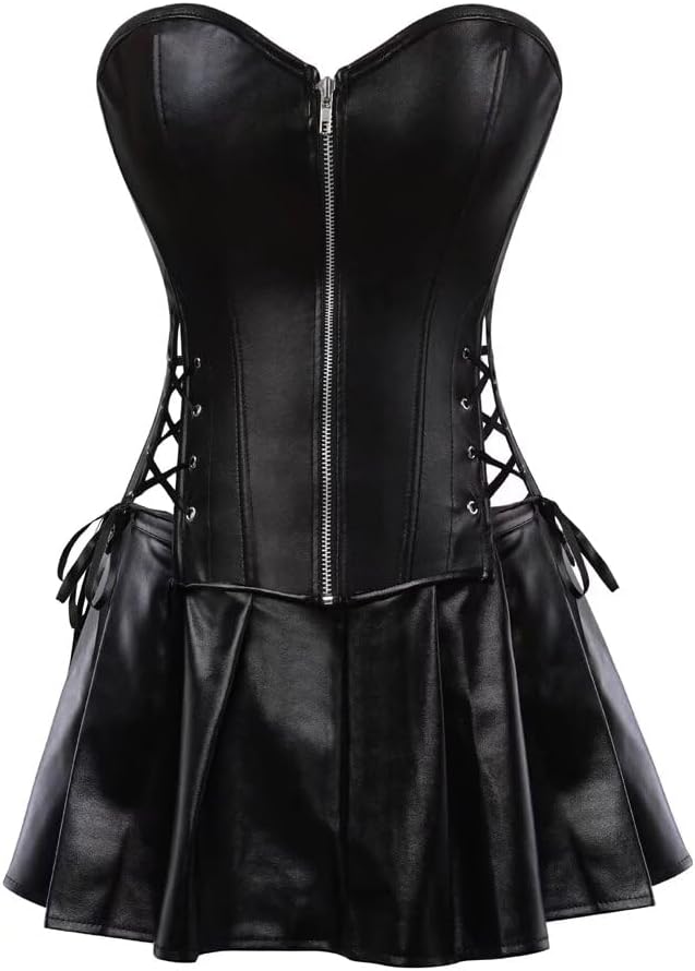 Leather Corset Dress Skirt Zipzer Women's Sexy Punk Rock Gothic Bustier Lingerie Renaissance Pirate Green