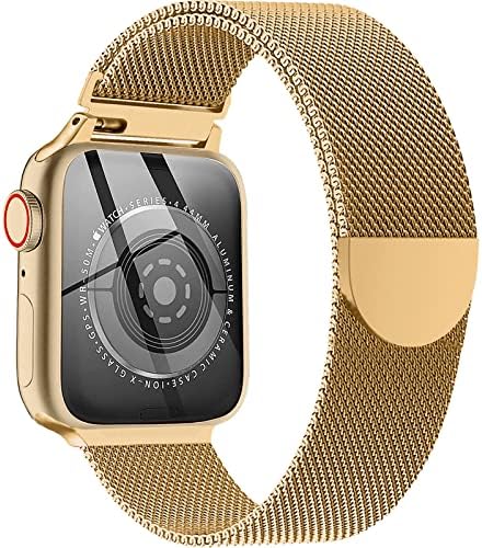 Metal Milanese Loop Band Compatible with Apple Watch Band 38mm 40mm 41mm 42mm 44mm 45mm 49mm Women Men, Stainless Steel Mesh Magnetic Adjustable Strap for iWatch Series Ultra/8/7/6/5/4/3/2/1/SE, Gold