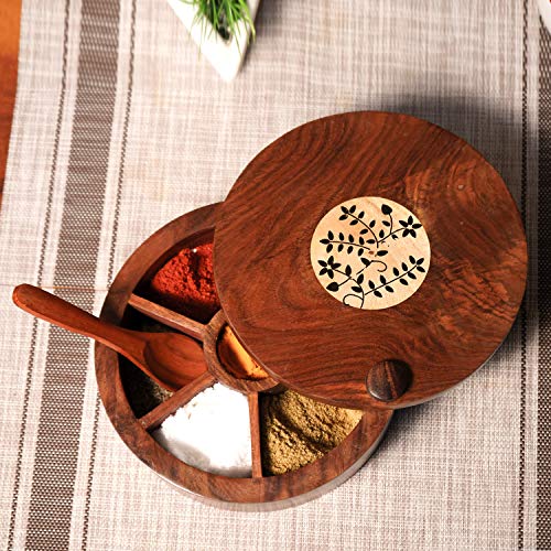 Image of Naayaab Craft Sheesham Wooden Masala Box With Spoon - Spin Round Design - 10 inch