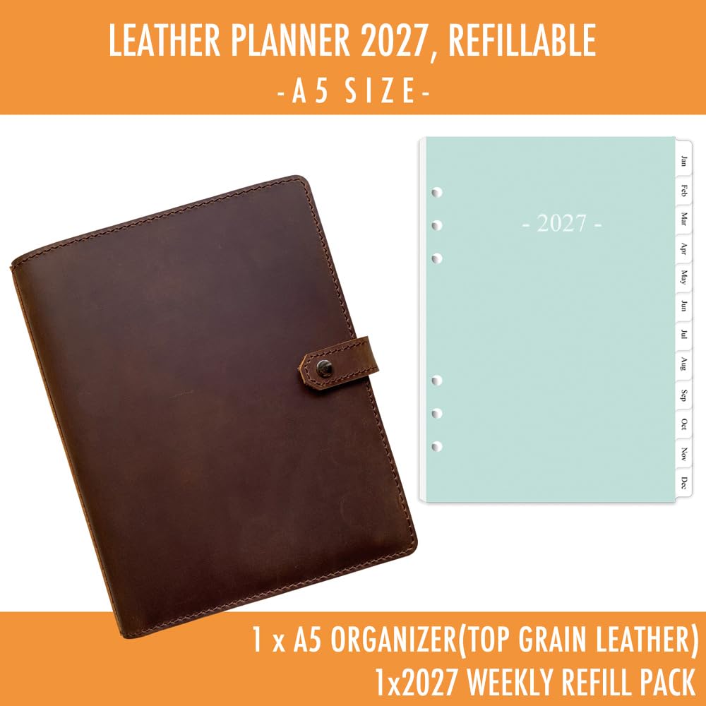 Agenda settimanale 2022 – Agenda raccoglitore in vera pelle per uomini e donne, tasche interne e portapenne, ricaricabile