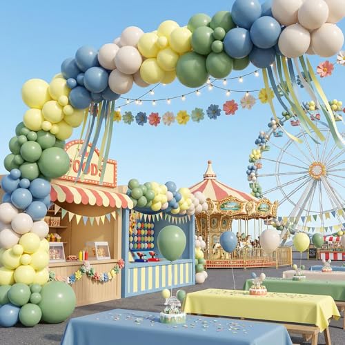Image of RUBFAC Sage Green Dusty Blue Yellow Balloons, Party Balloon Pastel Yellow for Theme Baby Shower Decorations Birthday Wedding Party Supplies, 65pcs 12 Inches