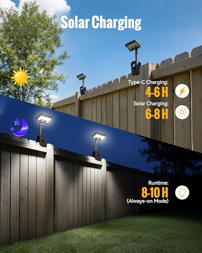 Image of Clip On Solar Lights Outdoor, 3 Modes Motion Sensor Security Light 2 Pack | 92 LED 500LM with Type-C Charging, Waterproof, Chain Link Fence Lights for Deck, Railing, Garden, Gutter, Mailbox, Camping