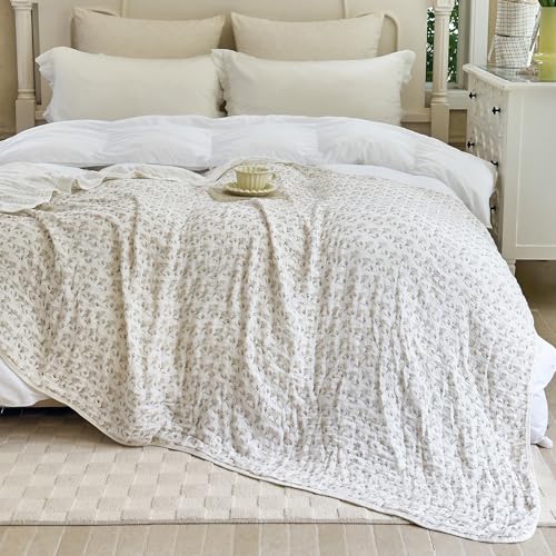 Image of SANACYNA Muslin Blanket 100% Cotton 6-Layer Gauze Floral Bed Blanket Lightweight Soft Breathable Cooling Blanket for Sofa Couch Bed Coverlet Both Sides (Floral A, Throw 50 inchx60 inch)