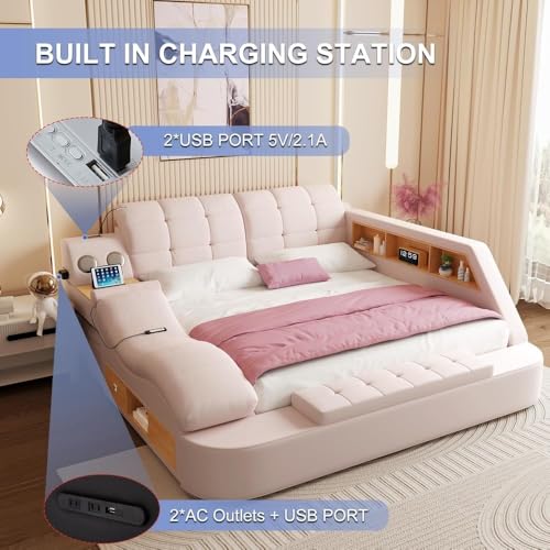 King Size Smart Multifunctional Bed Frame, Luxury Smart King Bed Frame Bedroom Furniture with Massage Recliner, Bluetooth Speake, USB Charging Station, Leather Headboard