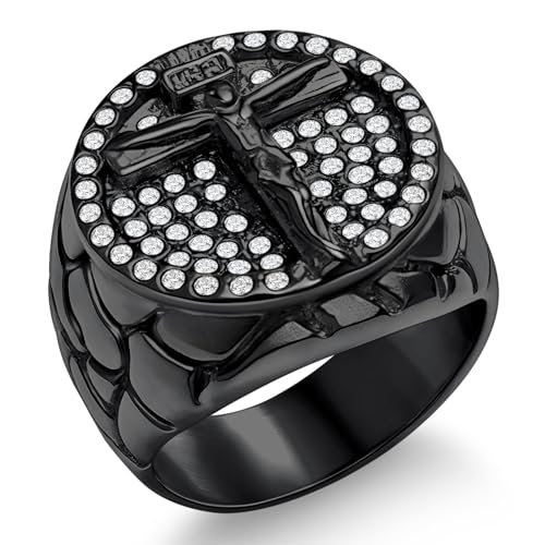 Oaldilee Mens Cross Ring Cubic Zirconia CZ, Crucifix Catholic Jesus Ring for Men, Hip Hop Biker Style Religious Rings, Size 12