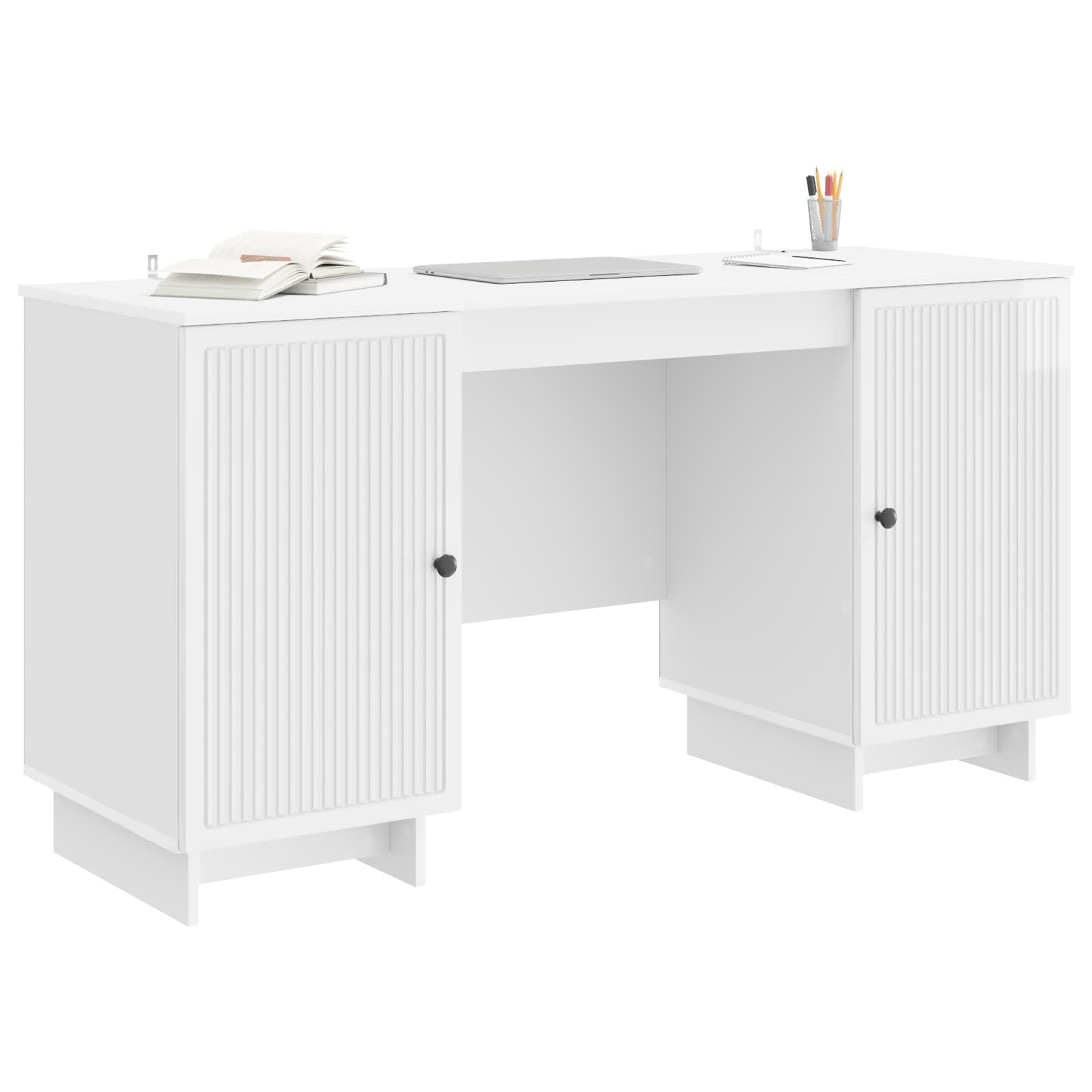 Scrivania bianco lucido in legno ingegnerizzato 142,5 x 50 x 75 cm con ripiano e cassetto, tavolo scrittoio per computer, postazione lavoro per ufficio, studio, smartworking, gaming