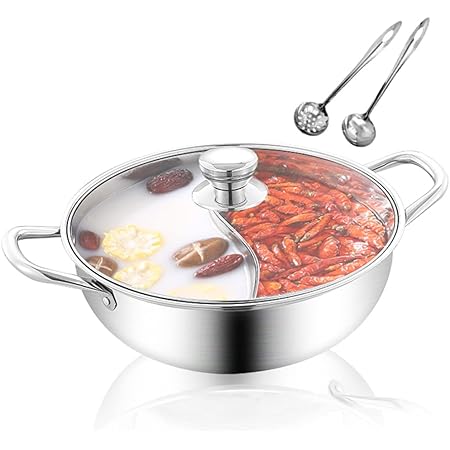 Amazon Tomiki 両手鍋 仕切り鍋 二食鍋 鴛鴦鍋 中華火鍋 仕切り付き ステンレス製 調理器具 Ih対応 蓋付き スプーン付き 一鍋两役 同時に調理可能 鍋パーティに最適 両手鍋 オンライン通販