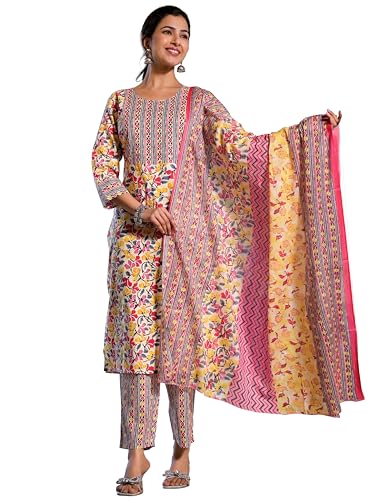 Image of MIRCHI FASHION Women's Straight Fit Pure Cotton Jaipuri Floral Printed Sequins Thread Work Kurta Set with Dupatta and Trouser