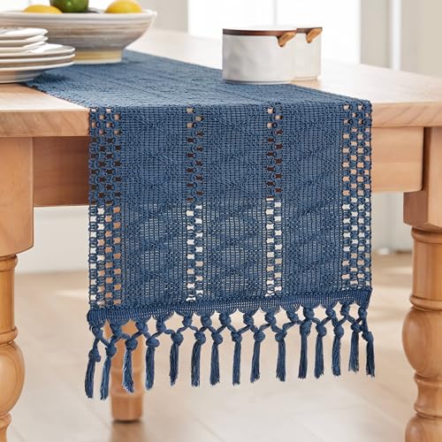 Image of ZeeMart Macrame Style Boho Table Runner, Blue Table Runners 90 Inches Long, Farmhouse Woven Home Decor, 12x90 Inch, Dusty Blue