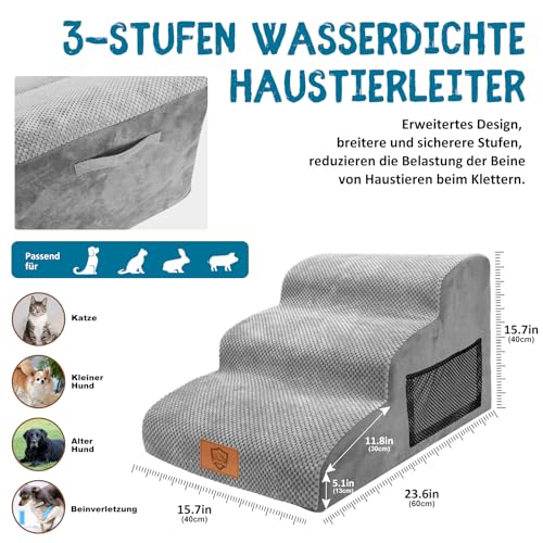 Zvonema Hundetreppe, wasserdichte Hundetreppe 40 cm Hoch, rutschfeste 3 Stufen Treppe für Hunde, Verletzungsprophylaxe Hochwertige Schwamm Katzentreppe, Waschbar Hunderampe für Sofa Bett Auto