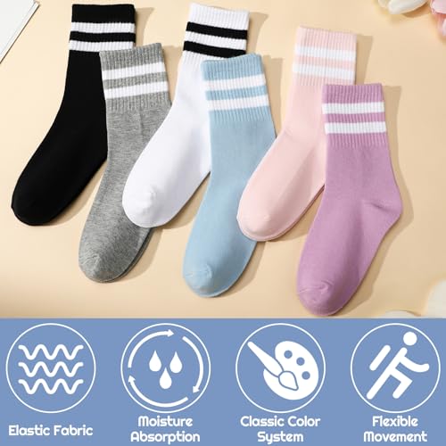 Image of Womens Crew Socks Striped Trim Casual Crew Socks Mid Calf Ankle Sock Vintage Retro Gym Running 6 /8 Pack