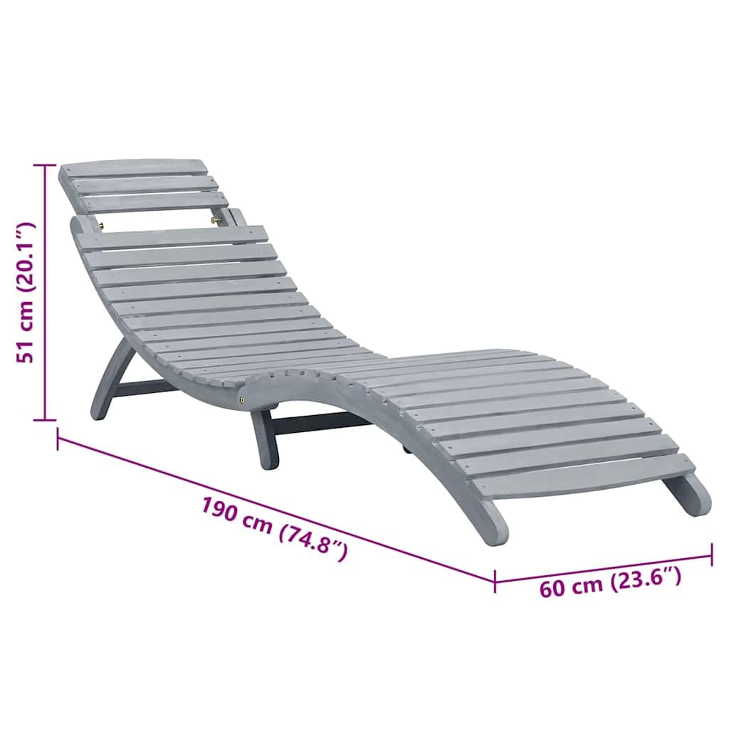 Leżak z nakładką, szary, z litego drewna akacjowego, składany, odporny na warunki atmosferyczne, ergonomiczny, do ogrodu, na taras, basen, plażę, balkon, do wypoczynku na świeżym powietrzu i