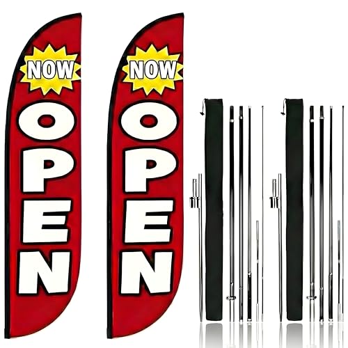 Feather Flag Pole Kit 15ft Tall 2 Pack with 12ft Tall Now Open Flags Feather Banner Advertising Open Flags for Business Grand Opening Signs Fiberglass Swooper Flag Poles with Heavy Duty Ground Spikes