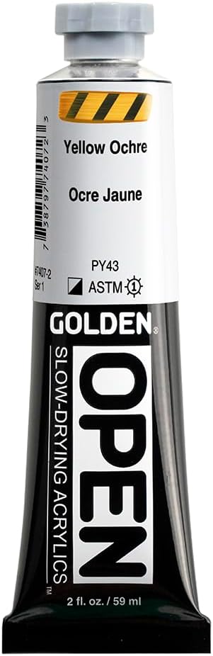 GOLDEN OPEN Slow-Drying Acrylics, Yellow Ochre, 2 fl oz. tube, Professional Acrylic Paint, Semi-Opaque