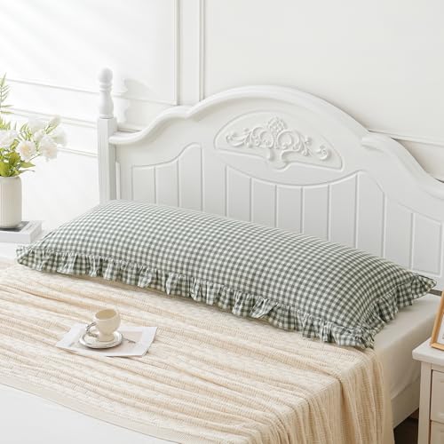 Green/White Plaid Ruffled Body Pillow Sham Washed Cotton Shabby Checkered Gingham Pillow Cover 20"x54"