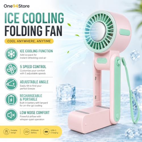 Image of One94Store Ice Cooling Folding Fan, 1800mAh Rechargeable Mini Fan, 5-Speed Portable Hand Fan with Phone Holder, Adjustable Wind Direction, Foldable Design, USB-C Charging, Lanyard Included, Pink