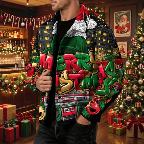 Corduroy Jacket Men Christmas Print Streetwear Turn Down Collar Retro Coat - image 4