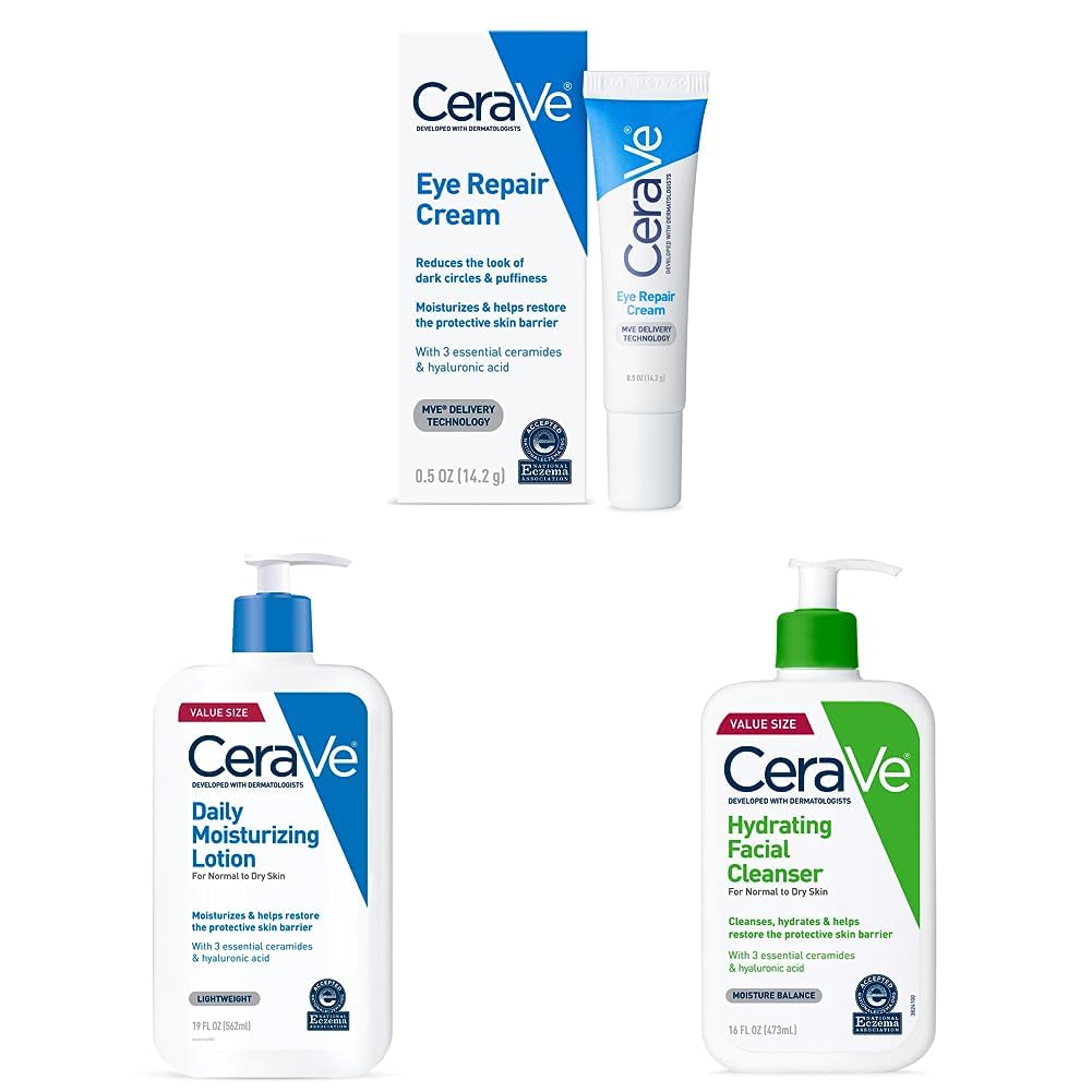 CeraVe Eye Repair Cream | Under Eye Cream| 0.5 Ounce & Daily Moisturizing Lotion | 19 Ounce & Hydrating Facial Cleanser | Moisturizing Non-Foaming Face Wash | 16 Fluid Ounce