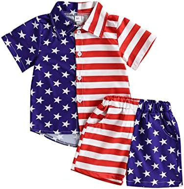 Hoanselay Toddler 4th of July Baby Boy Outfit American Flag Short Sleeve Button Down T-Shirt Top and Shorts Summer Clothes Set (D4-red white and blue, 5-6 Years)