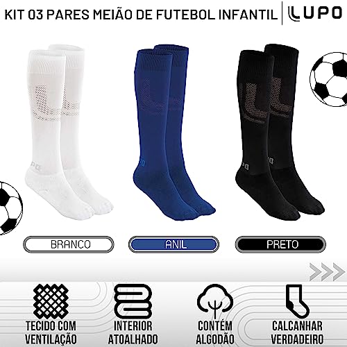 Kit 03 Meião Futebol Lupo Infantil Meninos | 1 Anil - 1 Branco - 1 Preto | 29-32 |