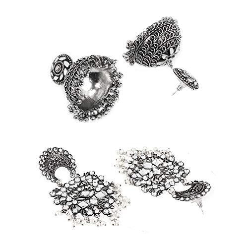 Image of Yellow Chimes Earrings for Women and Girls Traditional Silver Oxidised Jhumka German Silver Earring Set Dome Shaped Dangler Jhumki Earrings Combo | Birthday Gift For Girls and Women