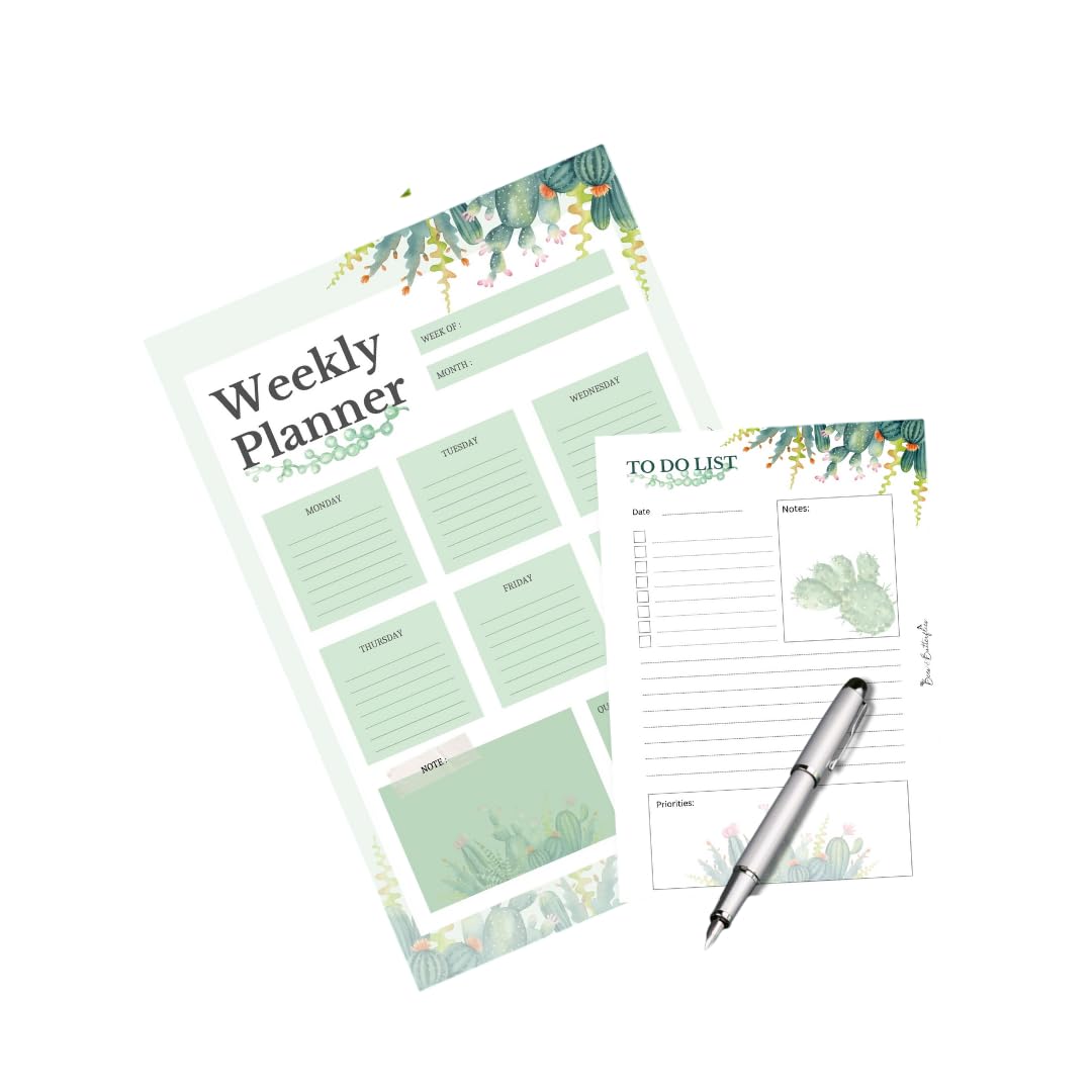 Bees and Butterflies A4 Weekly Planner & A5 To-Do List Combo | 50 Sheets Each | Cactus Design Productivity Set for Office, Work, Study & Home | Elegant Organiser for Scheduling & Daily Task Planning