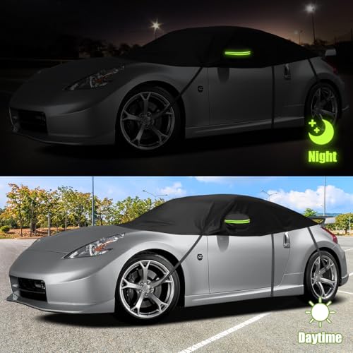 Image of Half Car Cover Compatible with Nissan Z 350Z 370Z 2003-2025, All Weather Protection with Side Mirror Cover, Waterproof Top Roof Protector for Snow Ice Hail Rain Sun Protection
