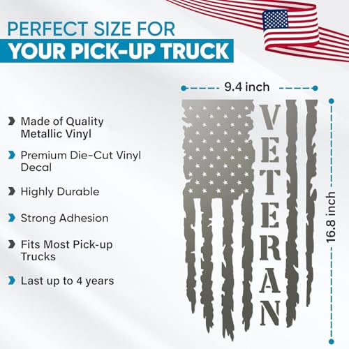 Image of GRITKULTURE Veteran Distressed American Flag Vinyl Decal for Trucks, Tailgate, Cars, Windows Compatible with Most Pickup Trucks EUA Flag - Rear Graphic USA, US Flag Car Sticker (Metallic Grey)