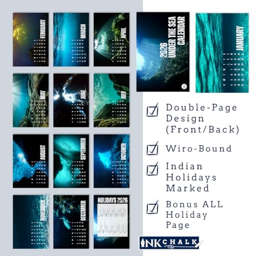 Image of 12 inchx18 inch Under The Sea 2026 Wall Calendar | Landscape Glossy Calendar | Ocean Photography | Modern Minimalist Layout | Wiro-Bound | Indian Holidays Marked | Gloss Laminated