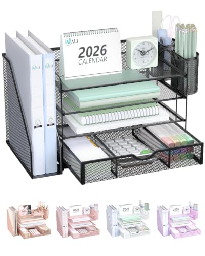 Image of WALI Desk File Organizer, 4 Tier Desktop Paper Letter Tray Organizer with Drawer and 2 Pen Holders, Office Desk Accessories & Workspace Organizers for Office, Home Supplies(DO005DH-B), 1 Pack, Black