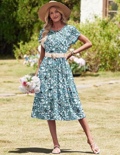 Image of HOTOUCH Women's Summer A-Line Midi Dresses 2026 Casual Floral Short Sleeve T-Shirt Dress Flowy Beach Sundress with Pockets