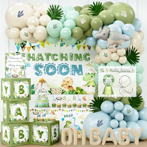 Hombae Dinosaur Baby Shower Decorations Hatching Soon Baby Shower Supplies with Backdrop Balloon Garland Boxes Mama Saurus Sash for Boys Dino Theme Party