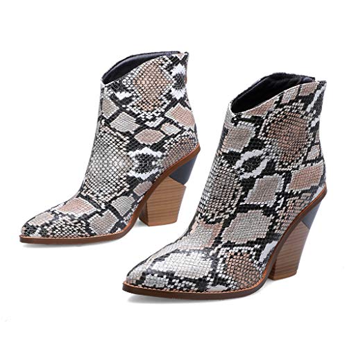 MIOKE Women's Western Chelsea Ankle Boots Pointed Toe Zipper Serpentine Chunky Block High Heel Dressy Booties2