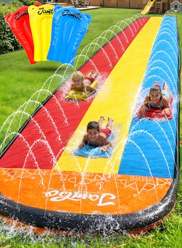 JAMBO 18ft Triple Lane Slip Splash and Slide with 3 Bodyboards with Built in Surround Sprinkler for Backyard Outdoor Water Fun for Kids