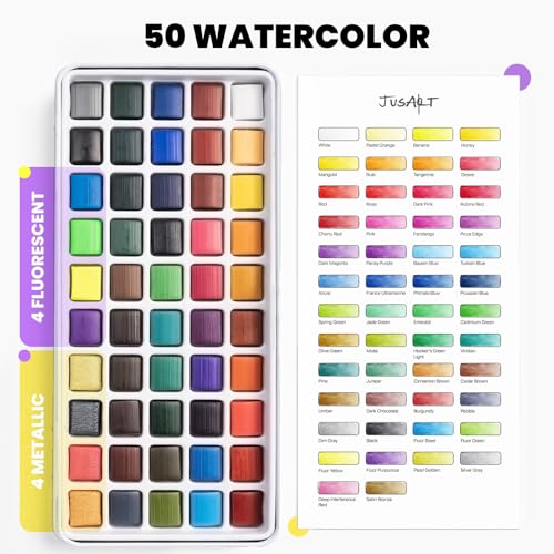 JusArt 50 Colors Watercolor Paint Set,Art Supplies with Metallic Color, Detail Painting Brushes, Water Brush Pens, Portable Travel Watercolor Painting Set for Adult, Artists, Professionals — view 2